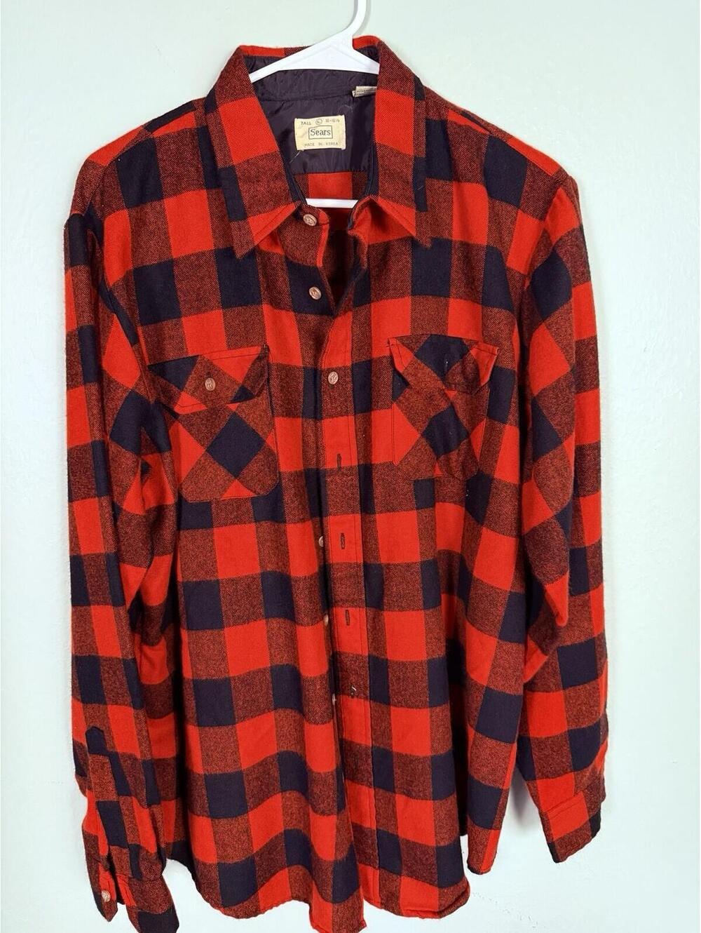 Vintage Sears Red Black Buffalo Plaid Flannel Shirt Tall L 16-16.5‎